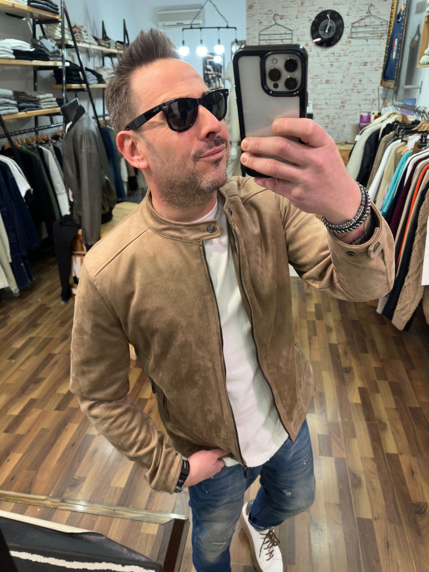 JACKET BIKER SCAMOSCIATO KHAKI LEGGERO